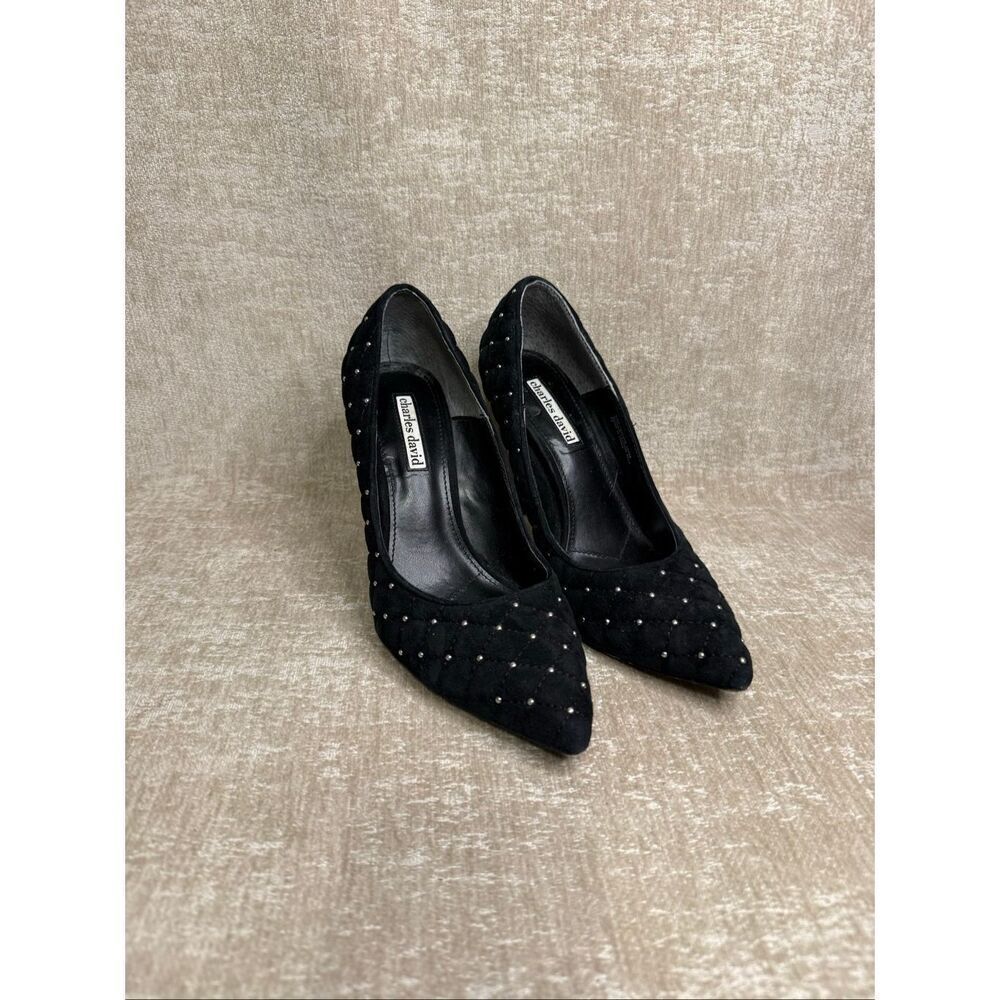 Charles David Women's Studded Quilted Suede Pointed Toe Heel Pumps Black Sz 7.5